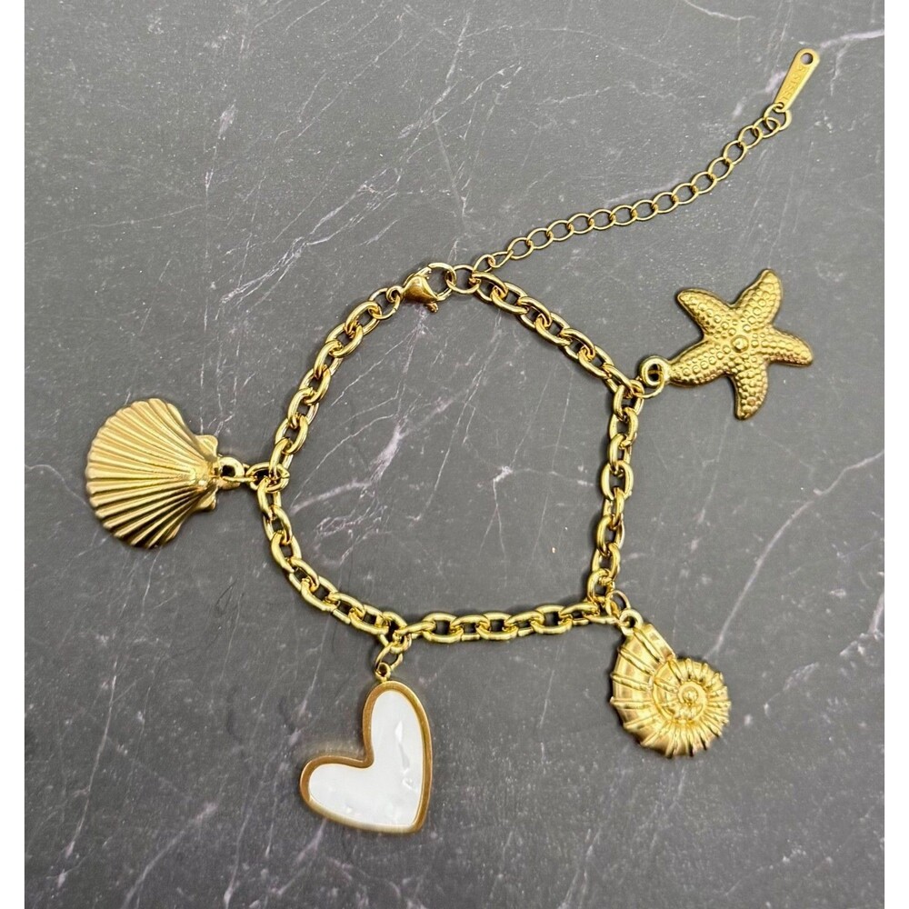 18K Gold Plated Starfish Shell Heart Bracelet Stainless Steel Adjustable NEW - Picture 3 of 5